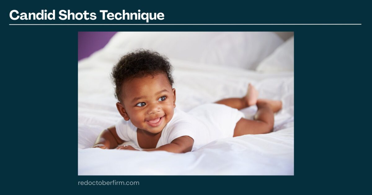 A Baby Wearing A White Onesie Lies On A Bed, Smiling And Looking To The Side. The Slide Is Titled &Quot;Candid Shots Technique.