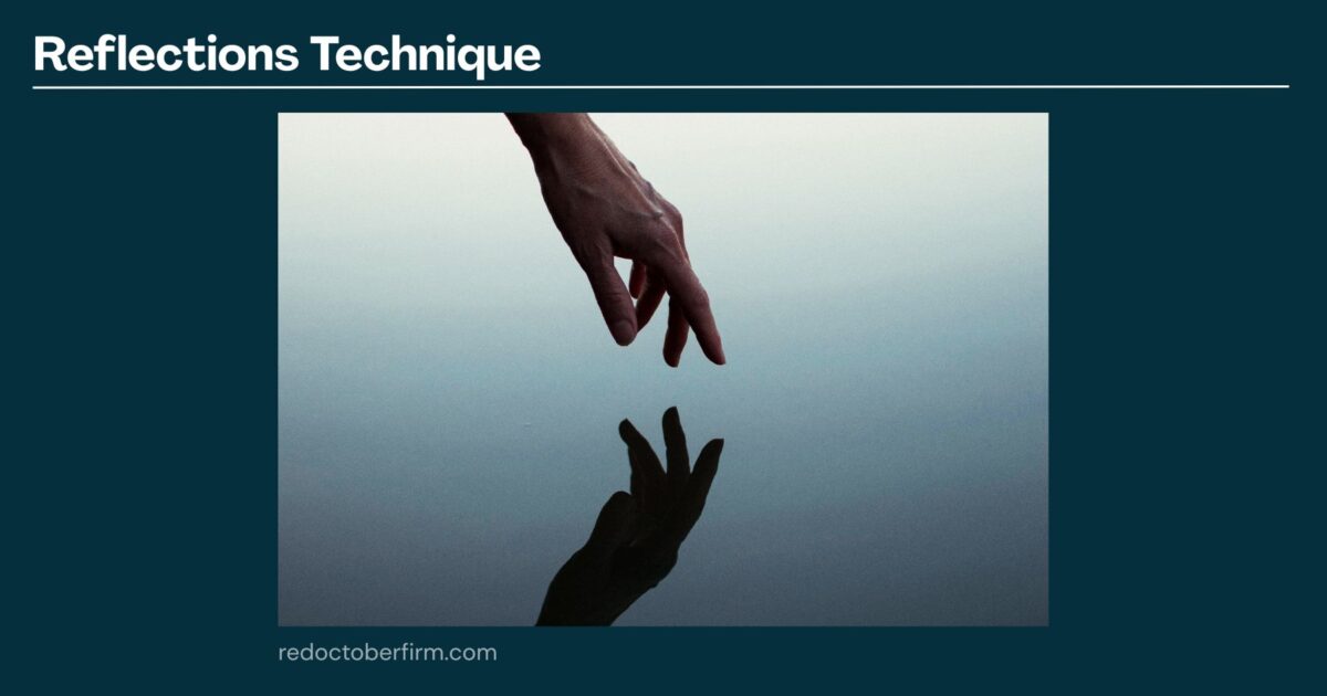 A Hand With Two Fingers Extended Is Held Above Still Water, Creating A Clear Reflection Of The Fingers On The Water’s Surface.