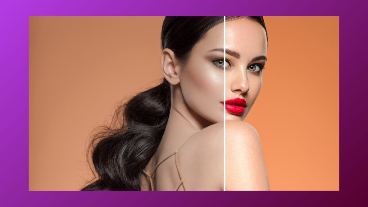 A Photo Of A Woman With Red Lipstick And A Purple Background Enhanced Using The Best Photo Editing Apps.