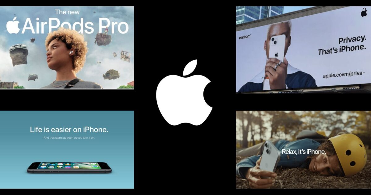 A Collage Showing Apple Advertisements For Airpods Pro And Iphone, Featuring Diverse People, Privacy Messaging, And The Apple Logo In The Center.