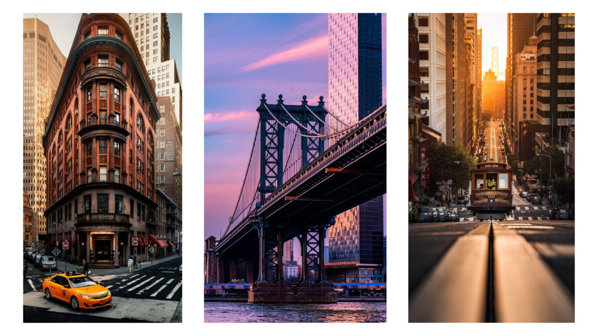 Captivating Urban Photography Showcasing A Bustling Cityscape Featuring A Vibrant Yellow Taxi And An Iconic Bridge.