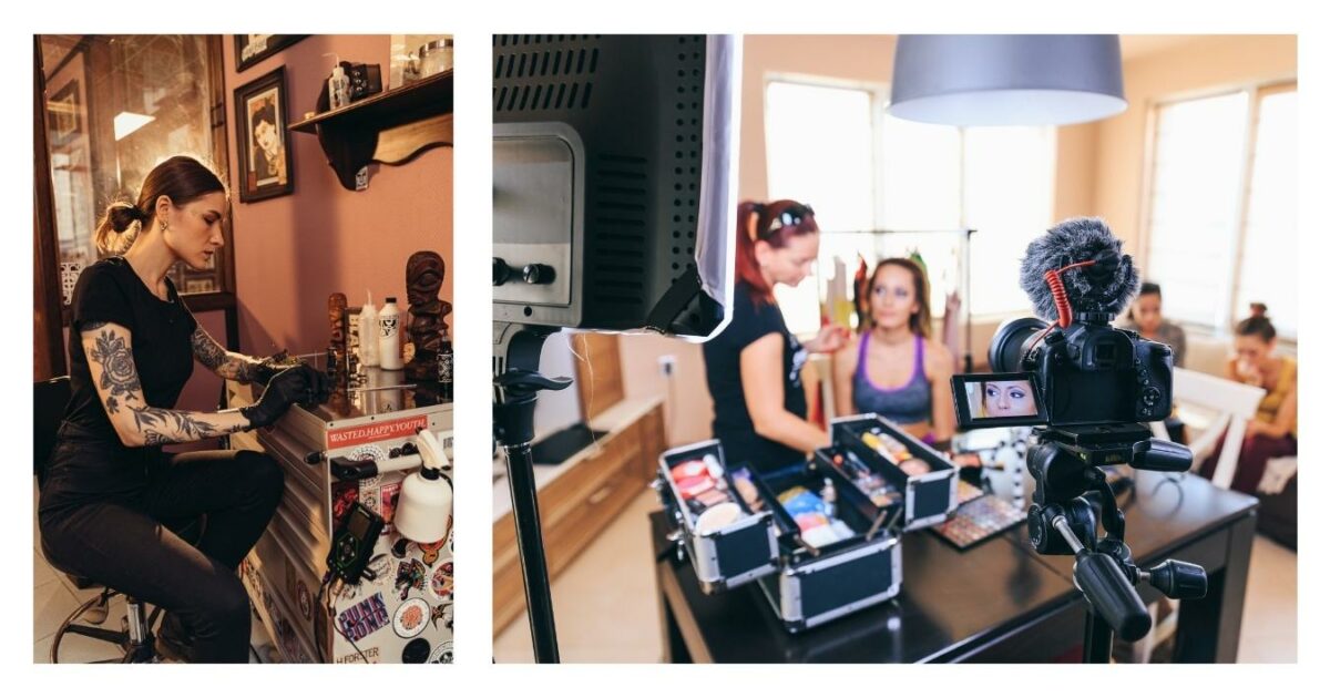 A Captivating Photo Essay Featuring A Skilled Woman Artist Passionately Working On Intricate Tattoos At A Vibrant Tattoo Shop.