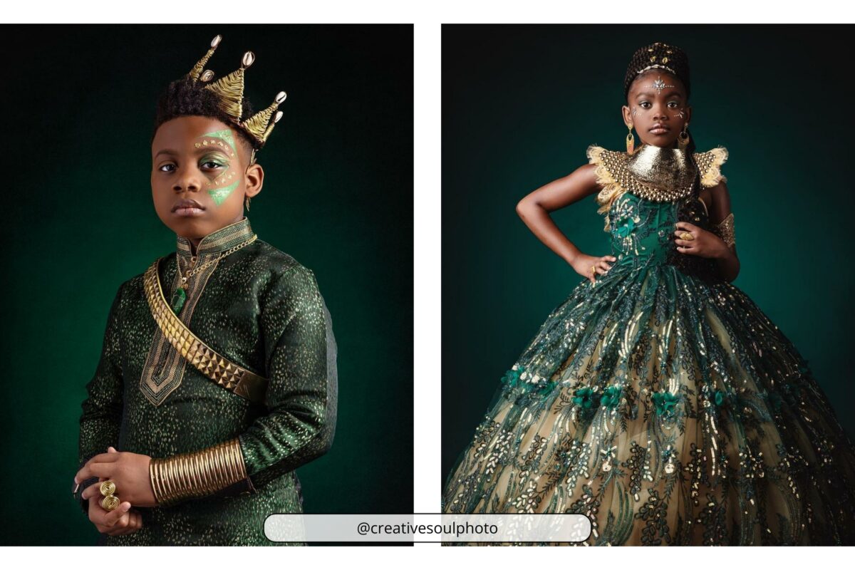 Two Pictures Of A Boy And A Girl In A Green Dress, Showcasing The Artistry Of Photography.