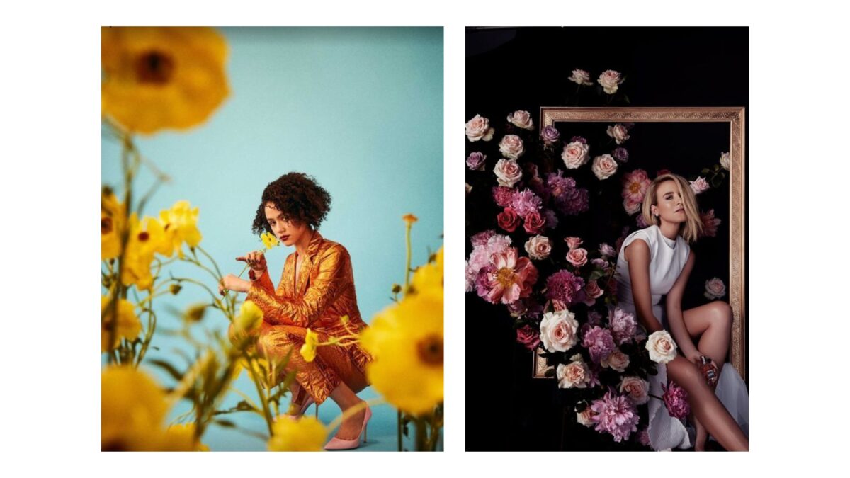 Two Pictures Of A Woman Posing In Front Of Flowers, Showcasing Backdrop Photography Ideas.