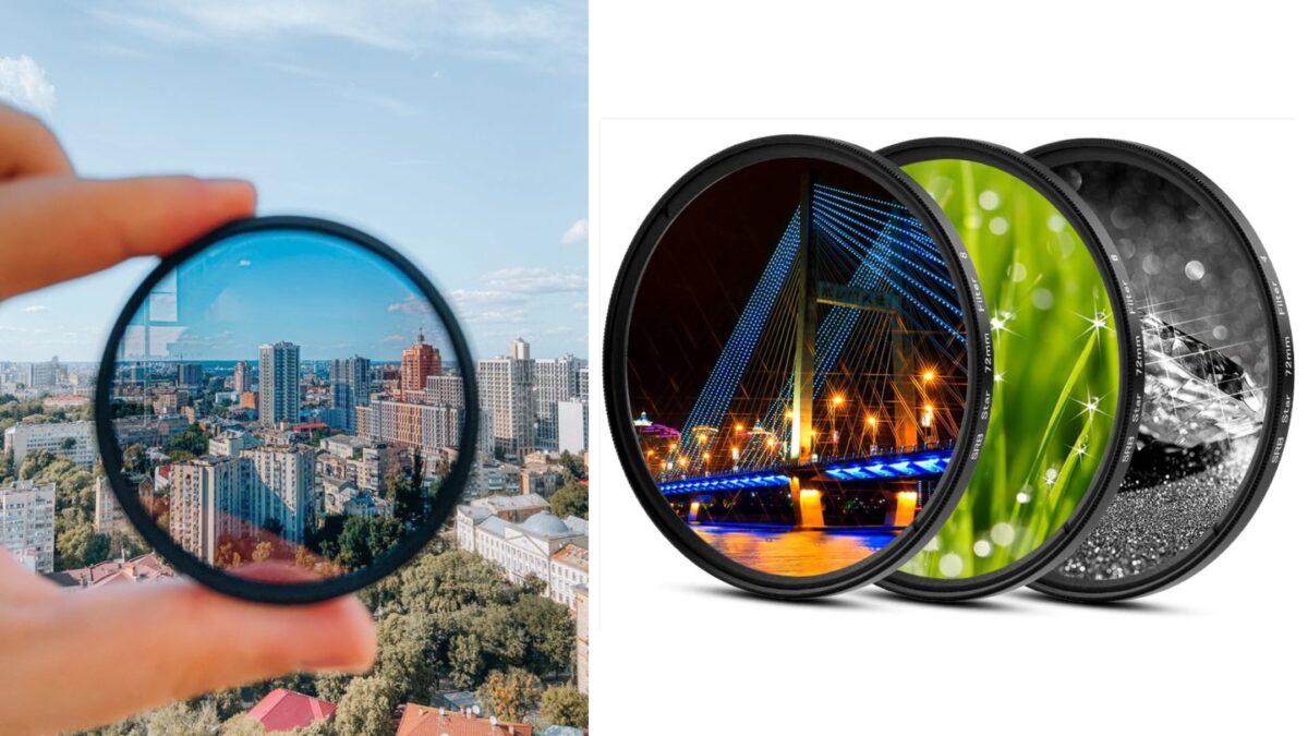 A Person Is Holding A Camera With A Filter In Front Of A City, Utilizing Photography Equipment From The List.