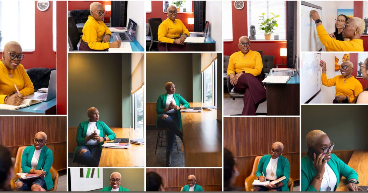 A Woman With Short Blonde Hair Works In An Office, Using A Laptop, Writing, Giving Presentations, And Speaking With Colleagues In Various Settings.