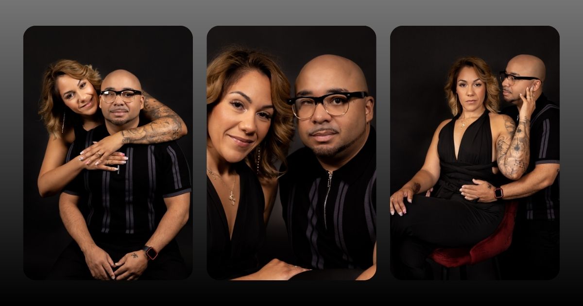 Four Pictures Of A Man And Woman Striking Various Poses For A Photo.