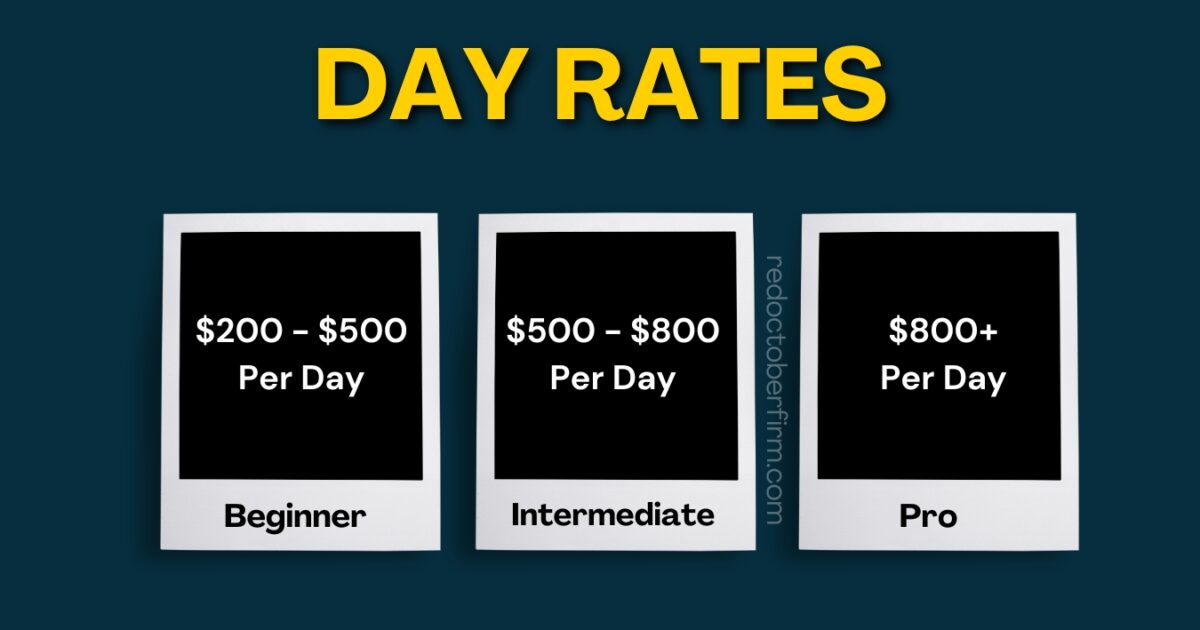 A Chart Titled &Quot;Day Rates&Quot; Shows Rates For Beginner: $200-$500, Intermediate: $500-$800, Pro: $800+ Per Day.