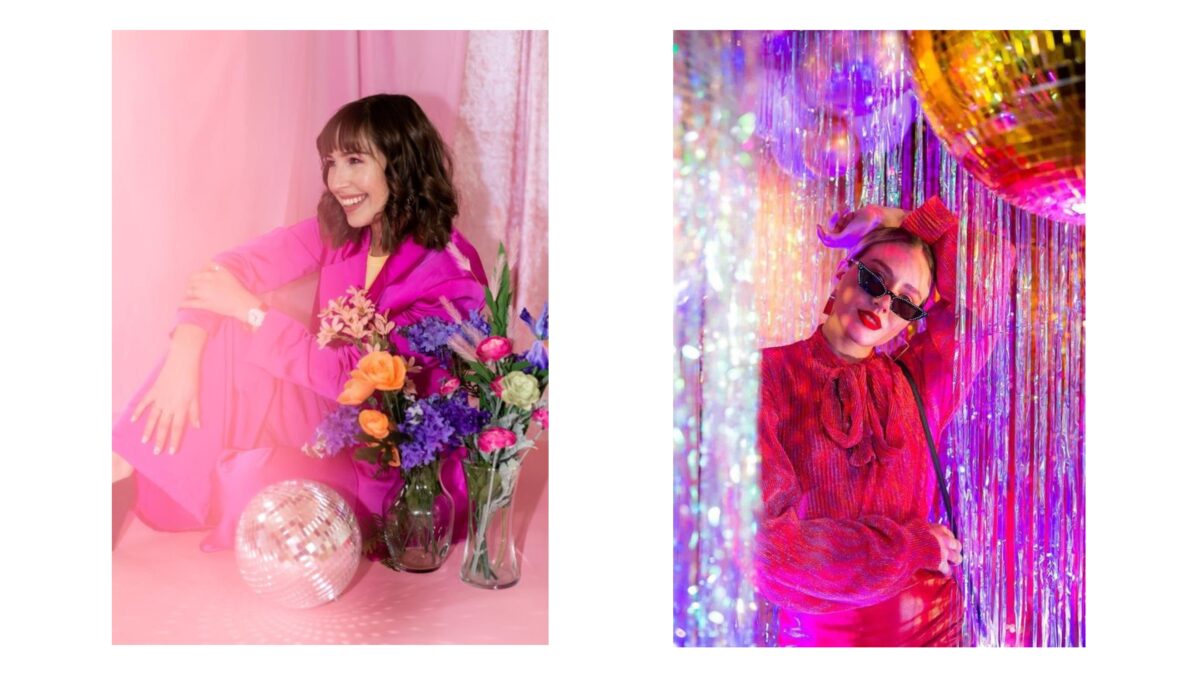 Two Pictures Showcasing A Woman Wearing A Stunning Pink Dress Against A Mesmerizing Disco Ball Backdrop.