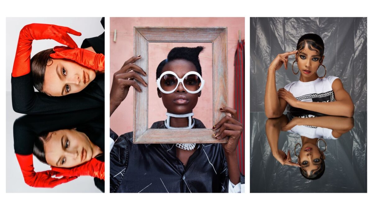 A Collage Of Photos Featuring A Woman Holding A Mirror, Showcasing Various Props Brought To The Photoshoot.