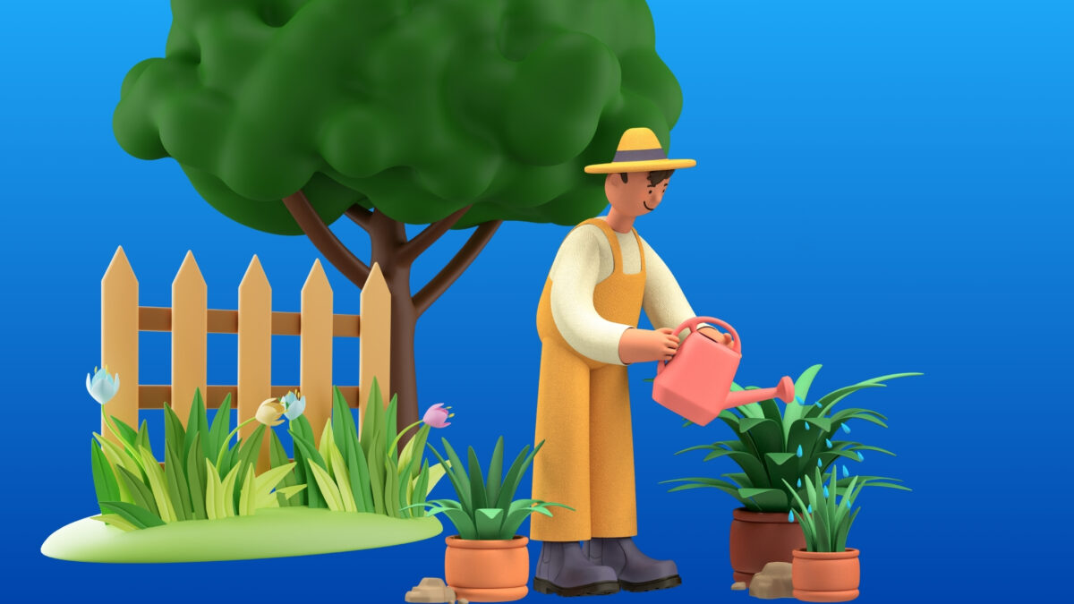 A Man Is Organizing Digital Photos In A Garden.