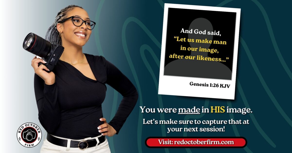 A Smiling Woman Holding A Camera Stands Beside A Genesis 1:26 Bible Quote About Being Made In God'S Image, Promoting Photography Services From Red October Firm.