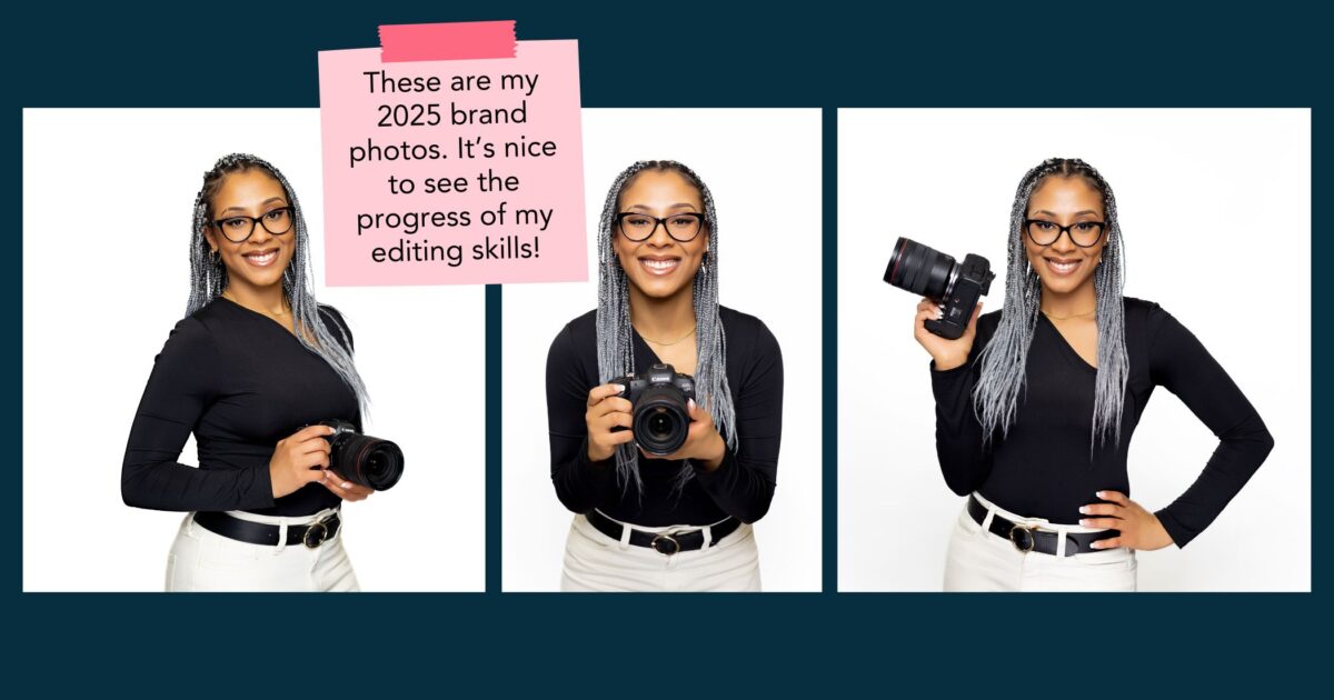 A Woman With Long Braided Hair, Glasses, And A Black Top Poses With A Camera In Three Separate Photos Against A White Background. A Sticky Note Describes These As Her 2025 Brand Photos.