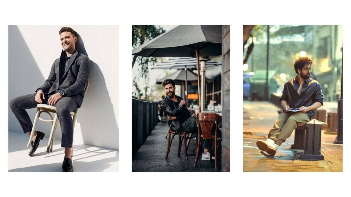 Four Pictures Of A Man Sitting On A Bench, Showcasing Different Male Model Poses.