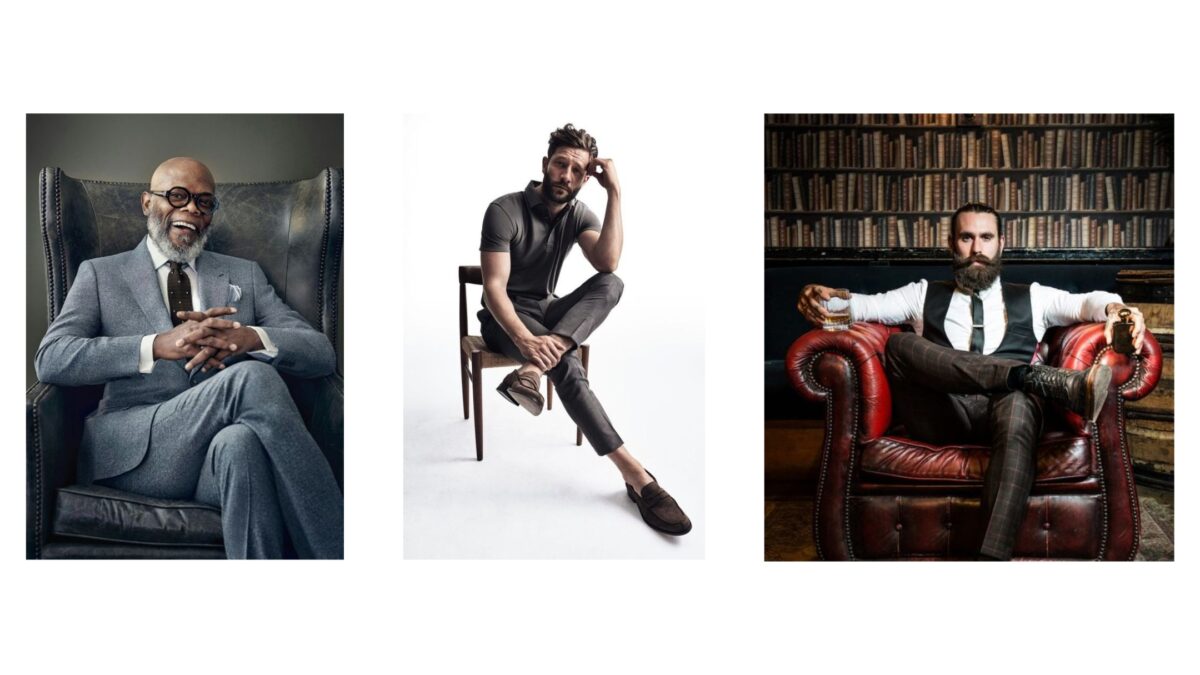 A Male Model In A Suit Strikes Various Poses While Sitting On A Chair.