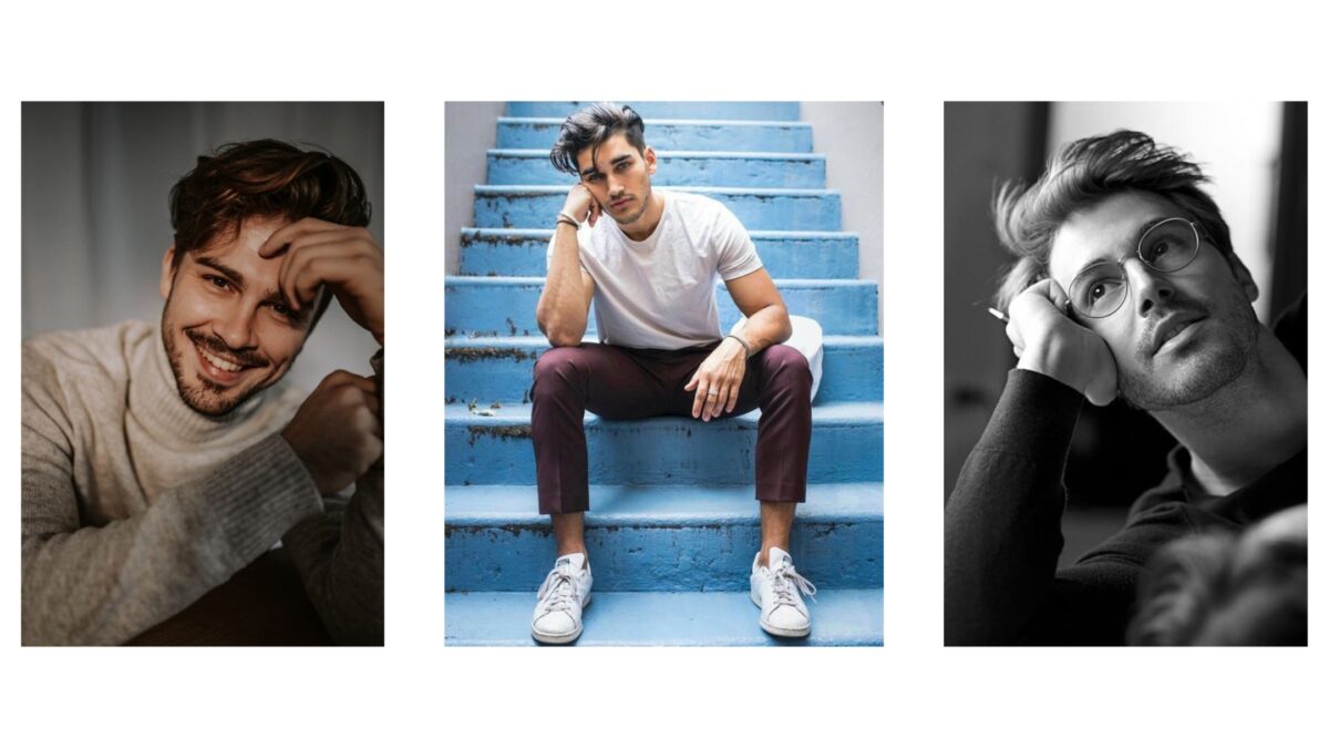 Four Pictures Of A Male Model Sitting On Steps, Striking Different Poses.