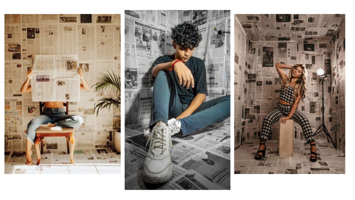 Four Pictures Of A Woman Sitting On A Chair In A Newspaper Room, Showcasing Backdrop Ideas For Photography.