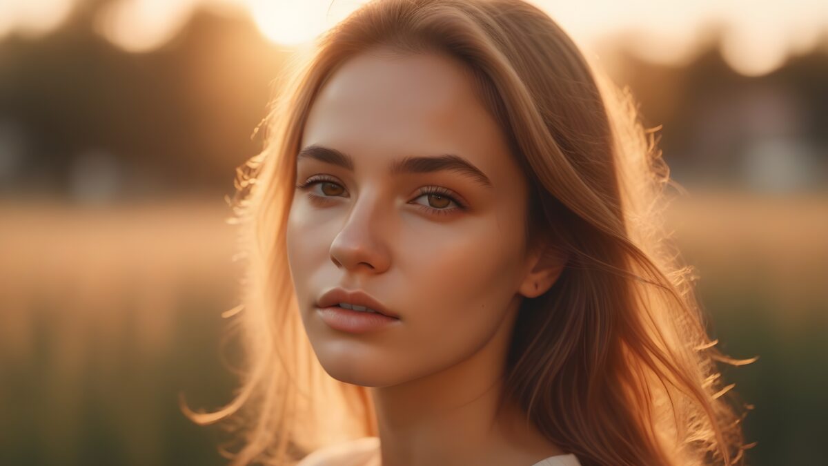 A Young Woman In A Field At Sunset, Captured Beautifully Through Portrait Photography Techniques.