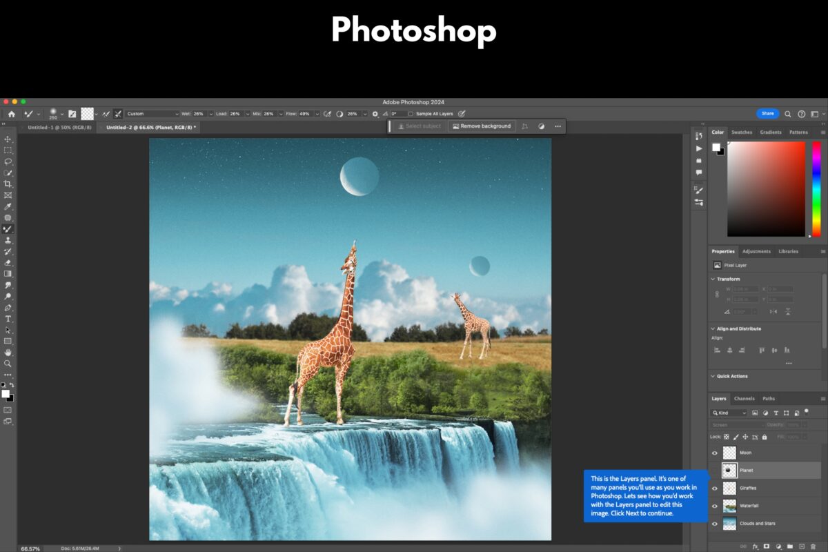 A Stunning Photoshopped Image Of A Giraffe Gracefully Standing In Front Of A Magnificent Waterfall.