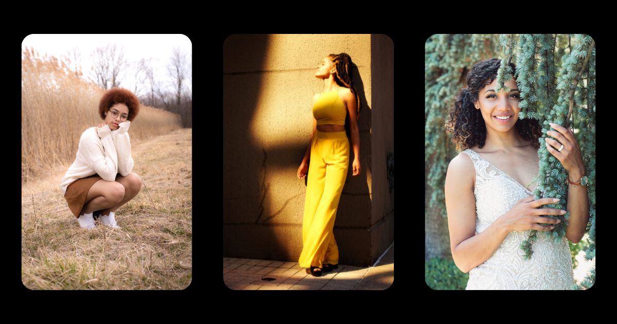 A Woman Showcasing Various Photography Poses In Front Of A Tree.