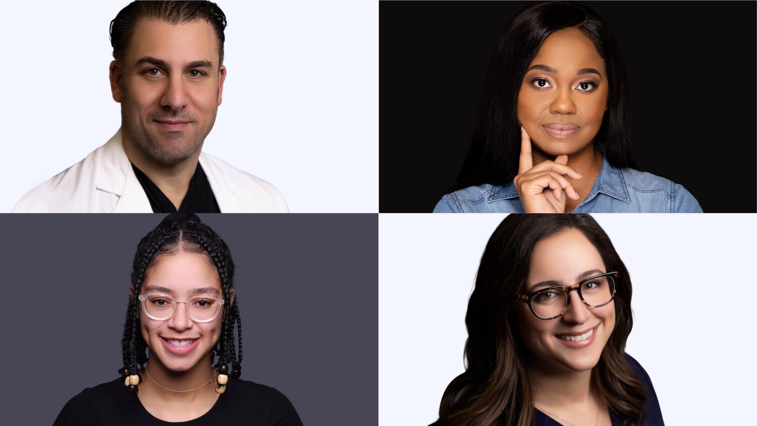 A Composite Image With Headshots Of Two Men And Two Women, Each Photographed Against Different Neutral Backgrounds. The Individuals Vary In Attire And Expressions, Showcasing The Diversity Of Services Offered.