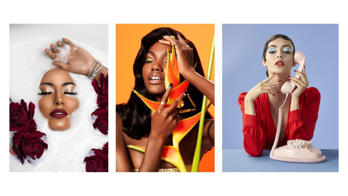 Four Pictures Of A Woman With Makeup And A Phone, Showcasing The Perfect Props For A Photoshoot.