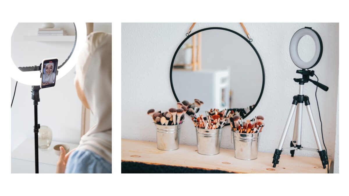 Two Pictures Of A Woman With Makeup Brushes And A Ring Light, Showcasing Professional Photography Techniques.