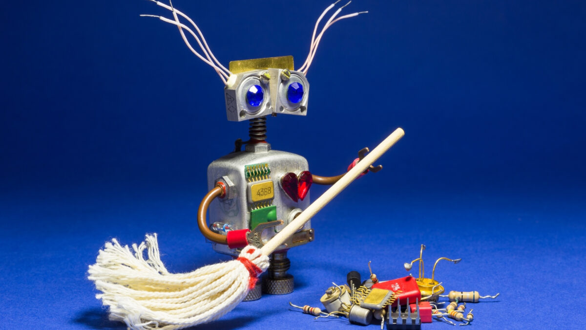 A Robot With A Broom On A Blue Background Cleans And Organizes Digital Photos.