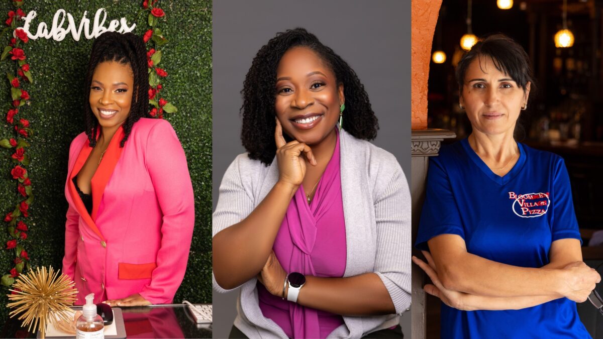 Three Women Posed For Individual Portraits: One In A Pink Blazer Against A Greenery Backdrop, One Smiling With Her Hand Under Her Chin Wearing A Grey Cardigan, And One In A Blue Shirt Standing In A Restaurant, Each Showcasing Their Unique Styles And Services.