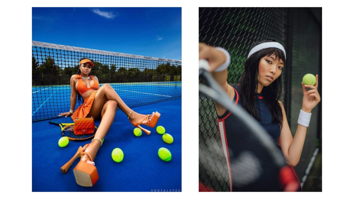 Two Pictures Of A Woman On A Tennis Court, Showcasing Various Props.