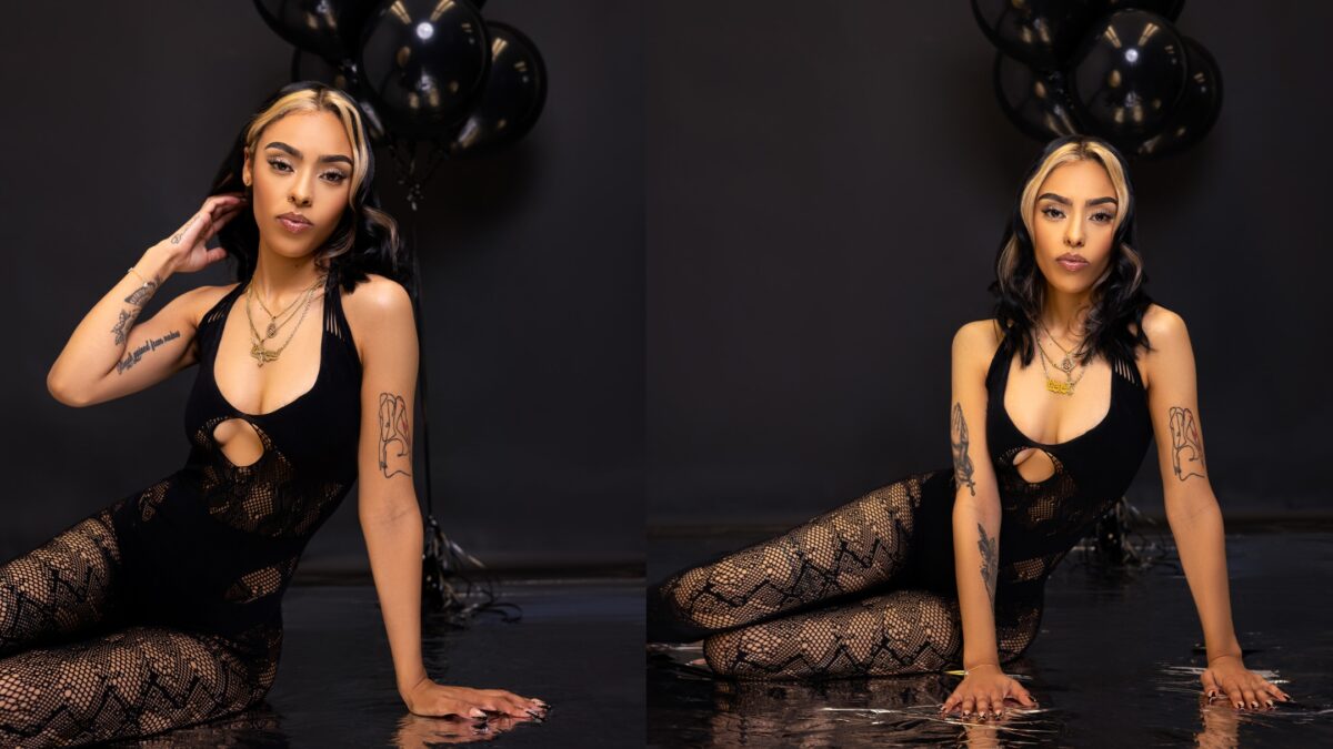 Two Captivating Images Of A Woman Elegantly Posing In A Black Bodysuit, Brilliantly Illuminated By A Professional Photography Lighting Kit.