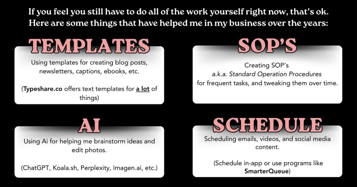 A Graphic With Four Sections Labeled Templates, Sops, Ai, And Scheduling, Detailing Tools For Creating Content, Procedures, Brainstorming, And Managing Schedules.