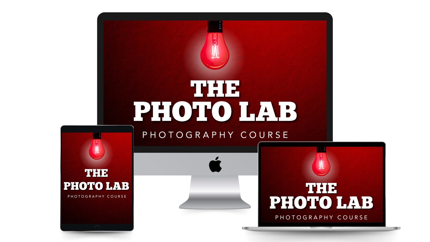 The Photo Lab Video Course Illustration Of &Quot;The Photo Lab Photography Course&Quot; Displayed On An Imac, Ipad, And Laptop Screen With A Red Light Bulb Graphic On A Vibrant Red Background.