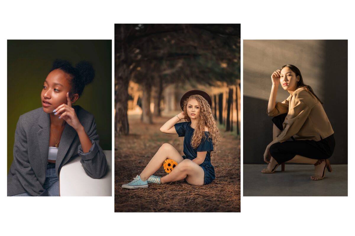 A Series Of Photos Capturing A Woman Posing Gracefully In Front Of A Tree Using Posing Prompts.