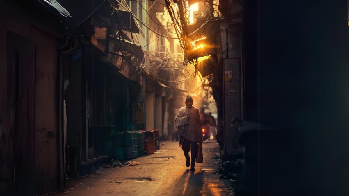 A Man Strolling Through A City Alley During The Golden Hour.