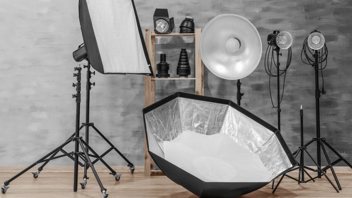 A Photo Studio Equipped With A Photography Lighting Kit.