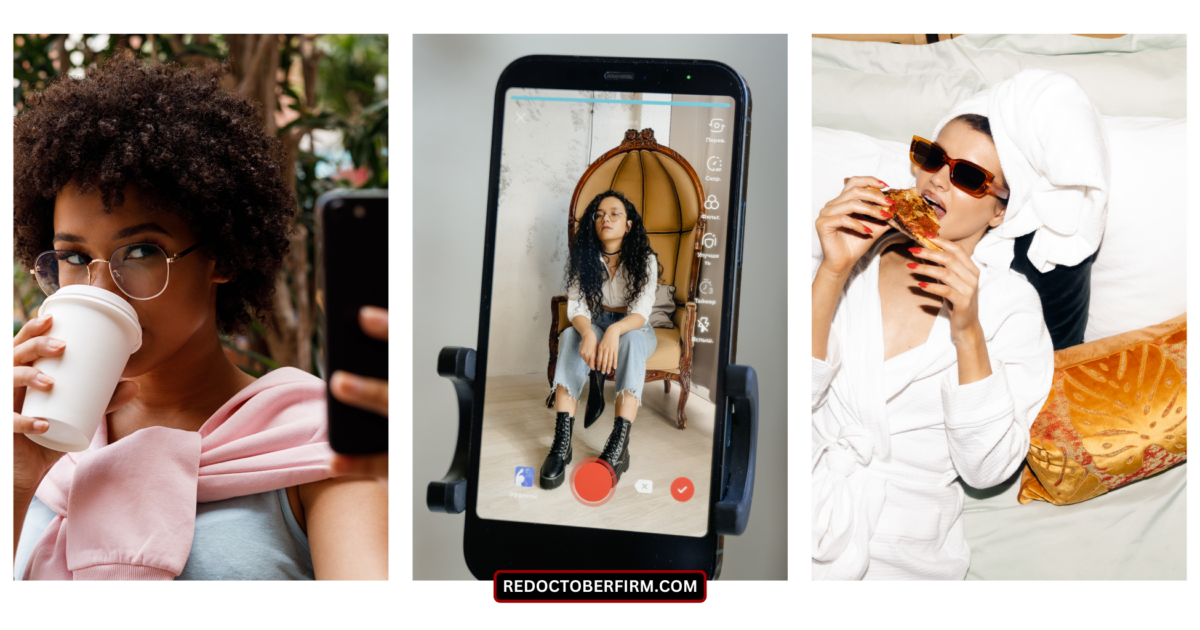 Three Images: A Person Holding A Coffee Cup, A Person Posing For A Smartphone Camera, And A Person In A Bathrobe Eating Pizza On A Bed. Text At The Bottom Reads &Quot;Redoctoberfirm.com&Quot;.