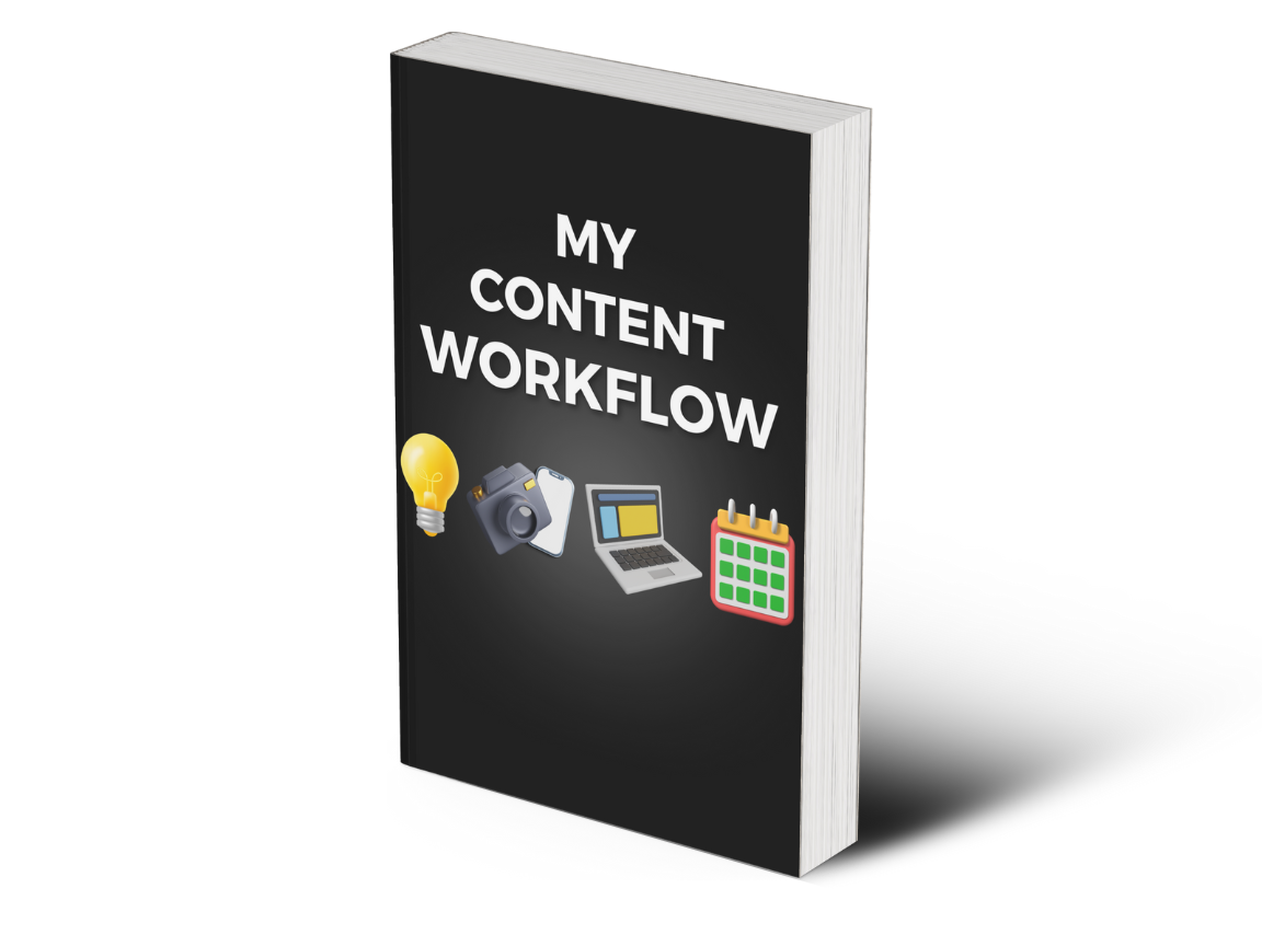 A Book Titled &Quot;My Content Workflow&Quot; Has A Black Cover Featuring Icons Of A Lightbulb, Camera, Laptop, And Calendar, Offering Valuable Resources For Effective Content Creation.
