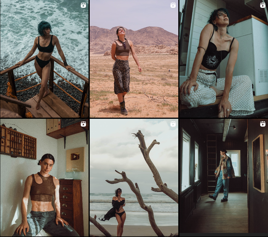 Six Portraits Of A Woman In Different Outfits And Locations, Including The Beach, Desert, Indoors, And Next To A Window.