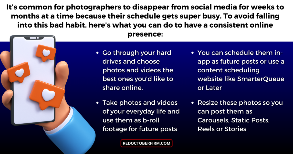 A Hand Holding A Phone With Various Social Media Icons. Text Provides Tips For Photographers To Maintain Consistent Online Presence: Update Hard Drives, Schedule Posts Using Apps, And Resize Photos For Different Formats.